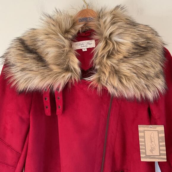 Tasha Polizzi Red Suede Moto Jacket Sz M Detachable Faux Fur Collar Asymmetrical - Picture 8 of 16